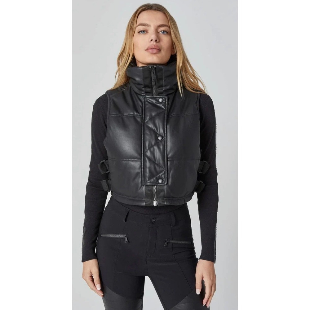 Alp N Rock La Vitesse Black Faux Leather Cropped Puffer Vest Size M